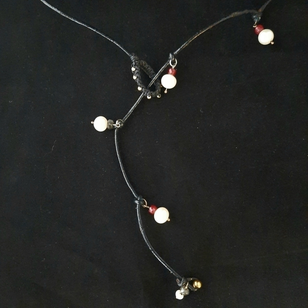 Handcrafted Natural Pearl and Real Ruby Leather Lariat Necklace - Picture 9 of 13